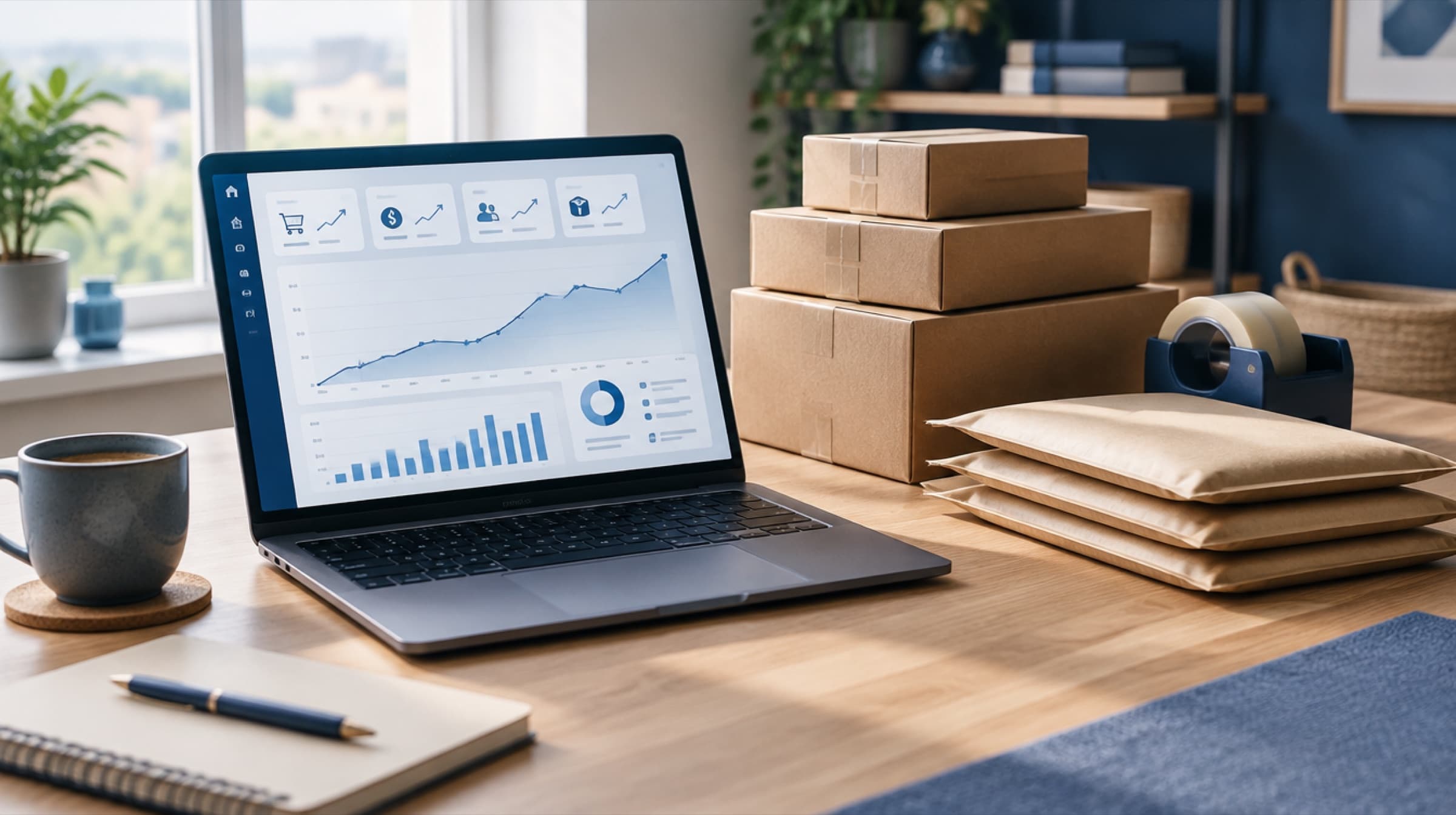 Laptop showing an online sales dashboard beside stacked shipping boxes ready to post.