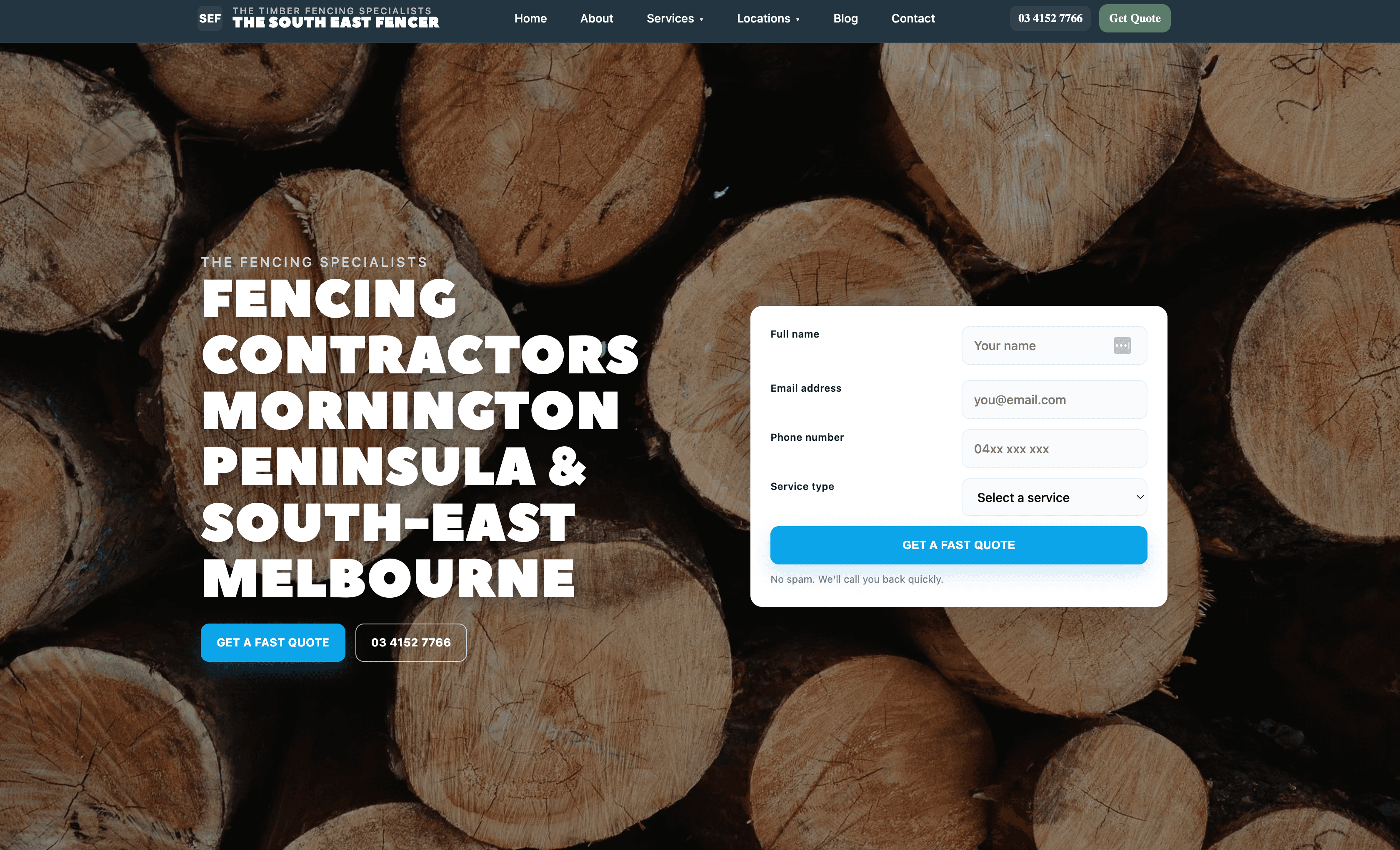 The South East Fencer homepage with timber imagery, fencing services for the Mornington Peninsula and south-east Melbourne, and a quote enquiry form.